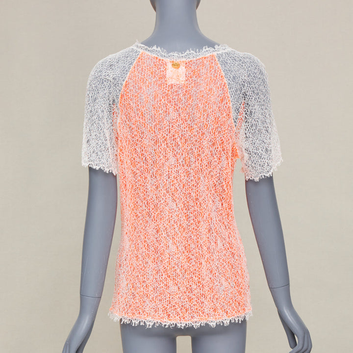 CHANEL 00P sheer orange white cotton lace layered knitwear top FR46 XL