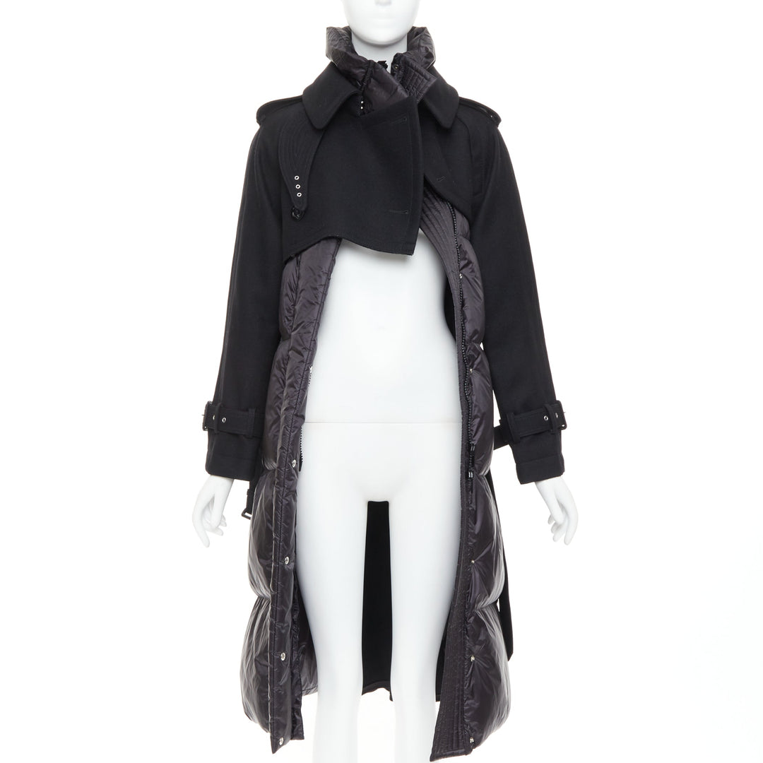 SACAI 2022 Hybrid black melton wool leather trim padded puffer trench coat JP1 S