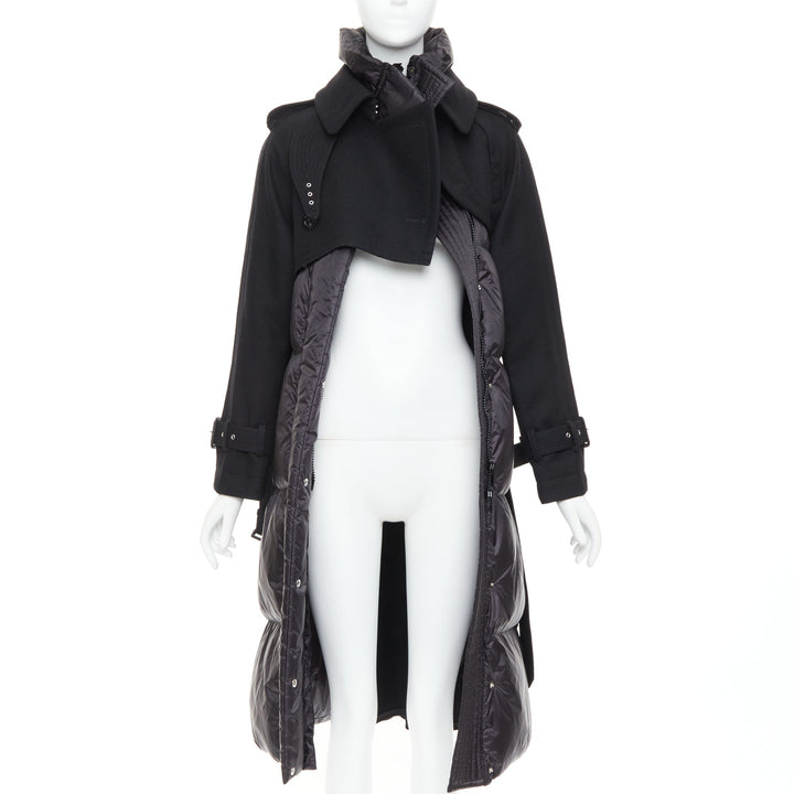 SACAI 2022 Hybrid black melton wool leather trim padded puffer trench coat JP1 S