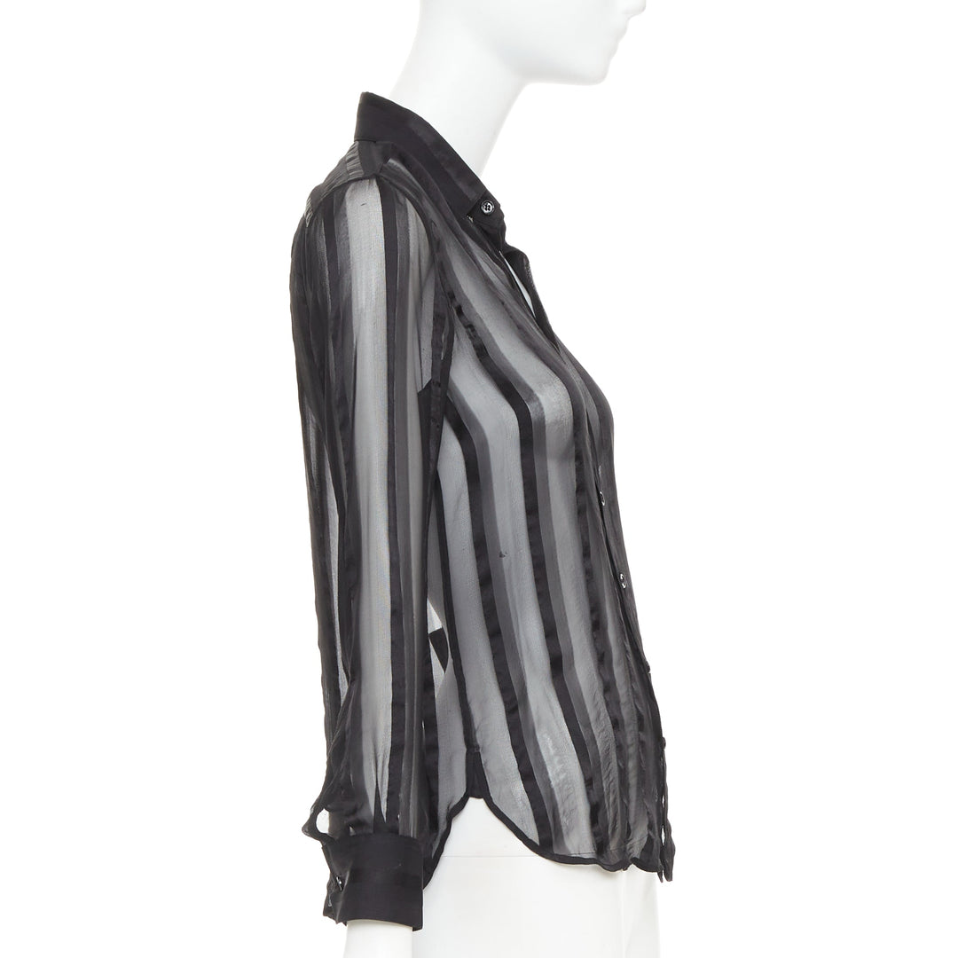 SAINT LAURENT 2013 black 100% silk vertical stripes sheer collared shirt FR36 S