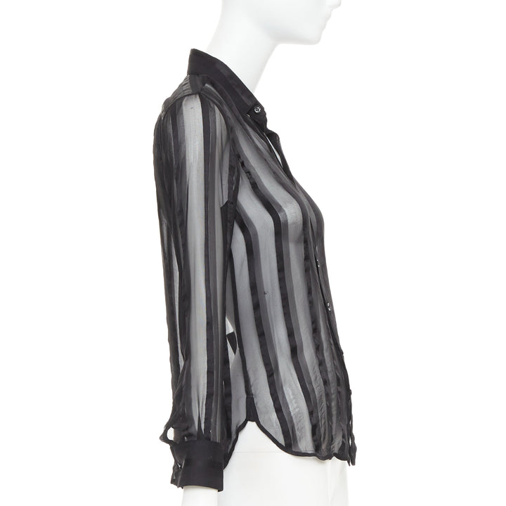 SAINT LAURENT 2013 black 100% silk vertical stripes sheer collared shirt FR36 S