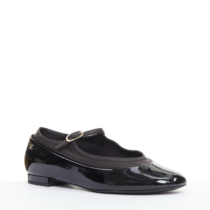 CHANEL 16P G31741 black patent leather silver CC logo mary jane flats EU38