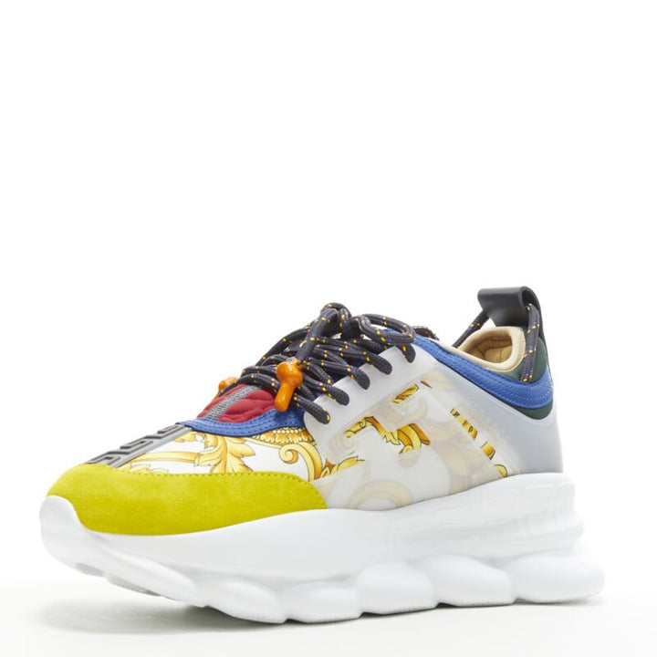 VERSACE Chain Reaction gold barocco twill yellow blue suede sneaker EU40 US7