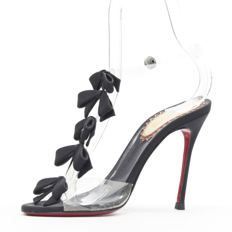 CHRISTIAN LOUBOUTIN Bow Bow black grosgrain ribbon PVC t-strap sandal heels EU36
