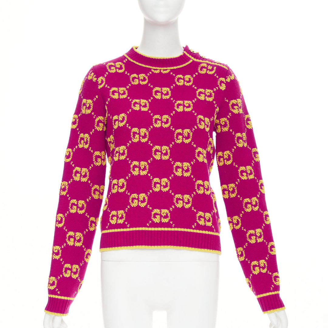 GUCCI 2022 magenta yellow wool GG monogram jacquard cropped sweater XS