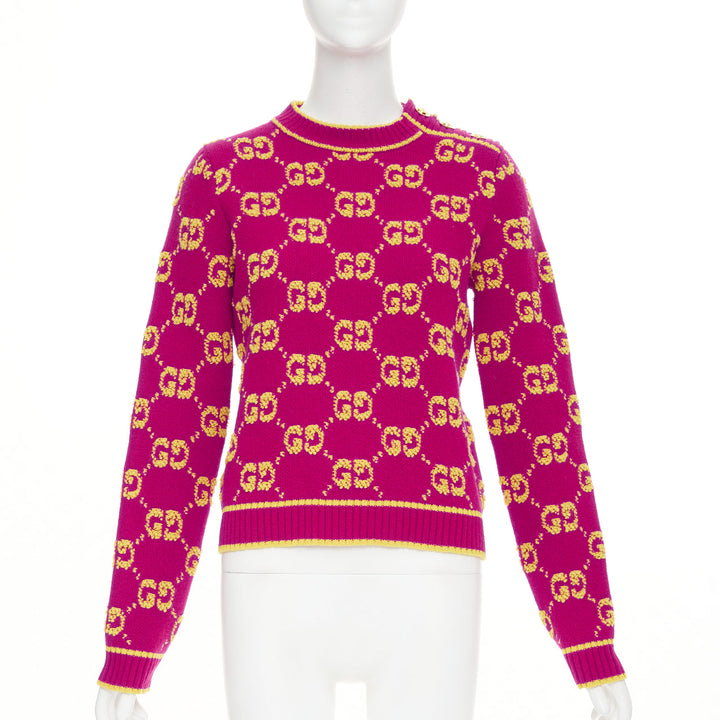 GUCCI 2022 magenta yellow wool GG monogram jacquard cropped sweater XS
