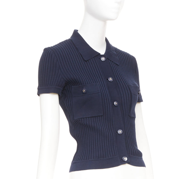 CHANEL 1997 Vintage navy cc logo button pocket collared polo knitwear top FR36 S