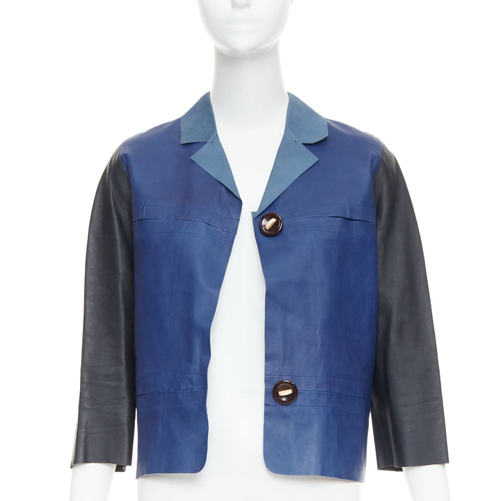 MARNI blue black colorblocked calf leather geometric buttons crop jacket IT40 S