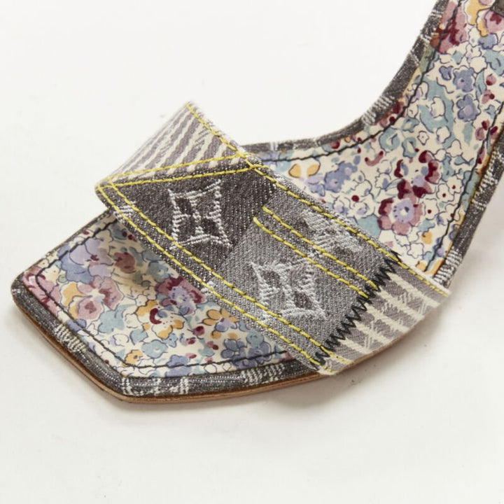LOUIS VUITTON grey denim patchwork buckle vachetta strap wooden heel sandal EU36