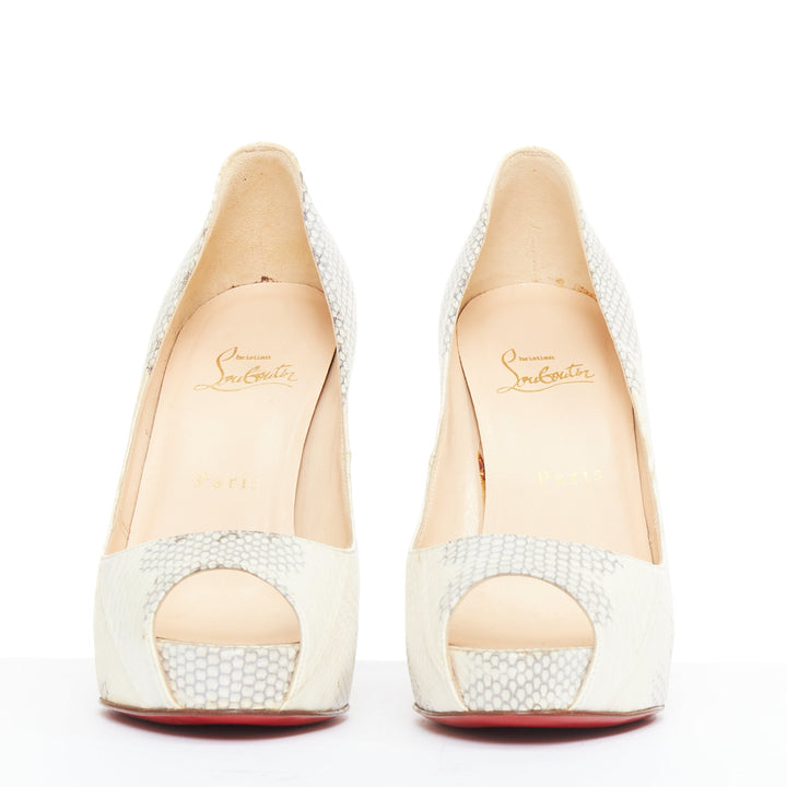 CHRISTIAN LOUBOUTIN Very Prive ivory scaled leather peep platform pumps EU37.5