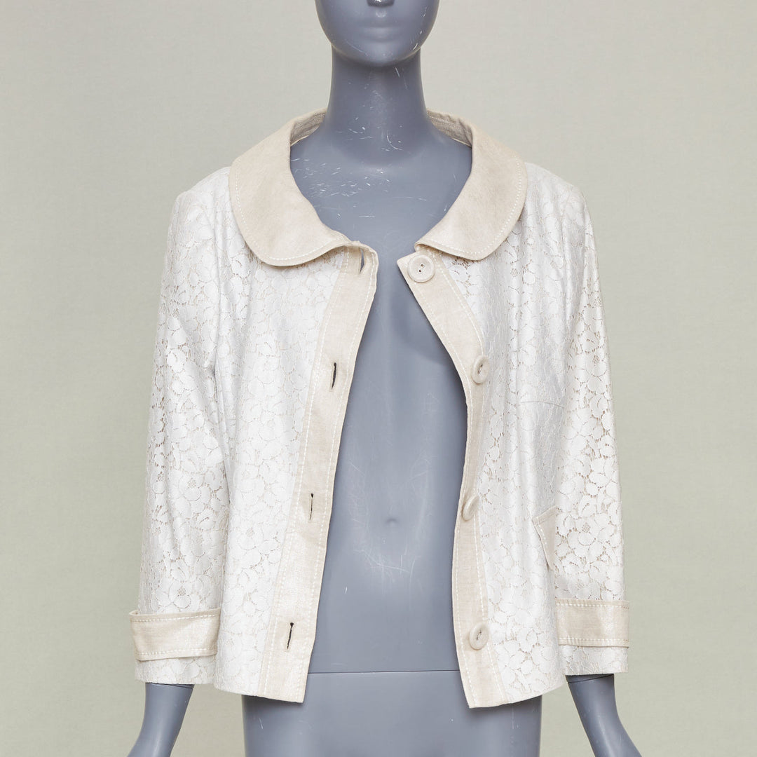 ESCADA 1990s vintage beige silver metallic lace peter pan collar jacket IT44 L