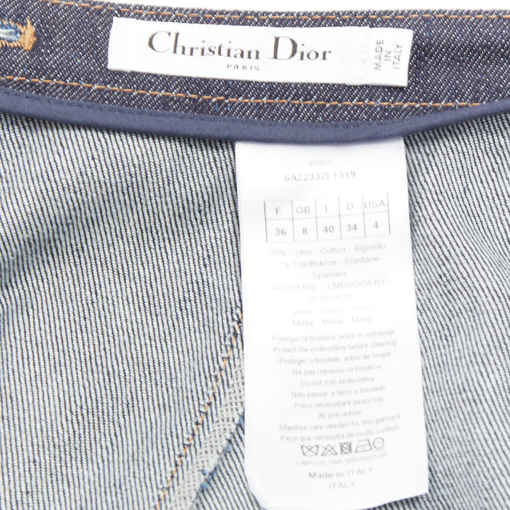 CHRISTIAN DIOR indigo blue denim glass metal bead embellished midi skirt FR36 S