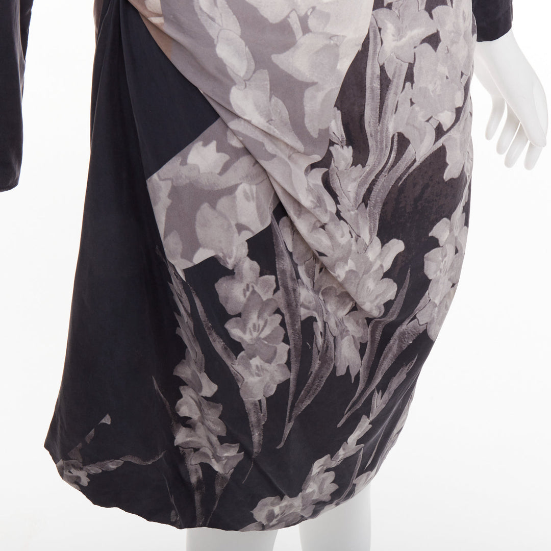 DRIES VAN NOTEN 2009 Vintage silk floral print asymmetric drape dress FR38 M