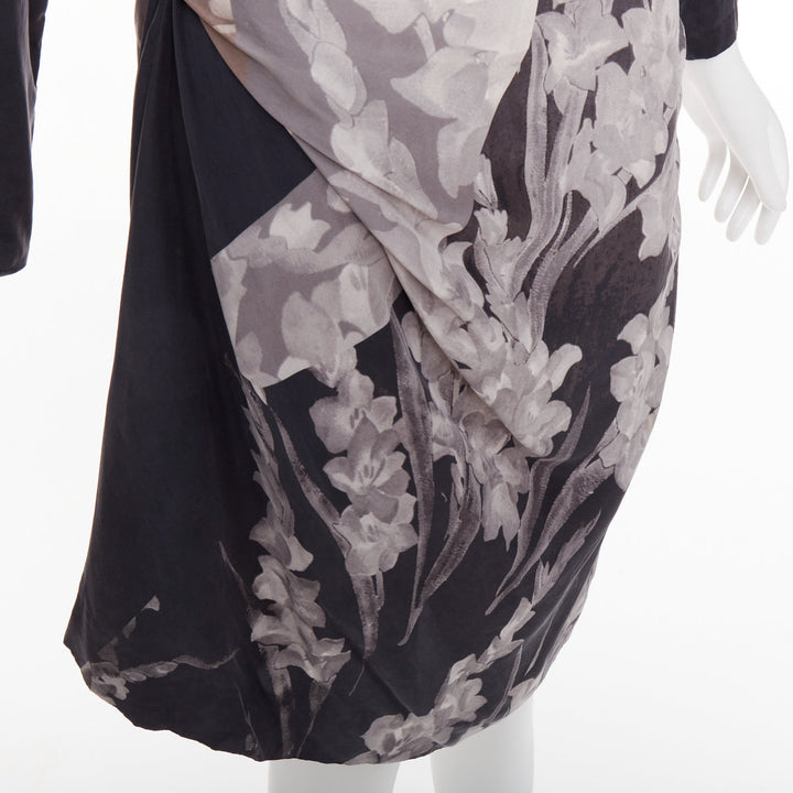 DRIES VAN NOTEN 2009 Vintage silk floral print asymmetric drape dress FR38 M