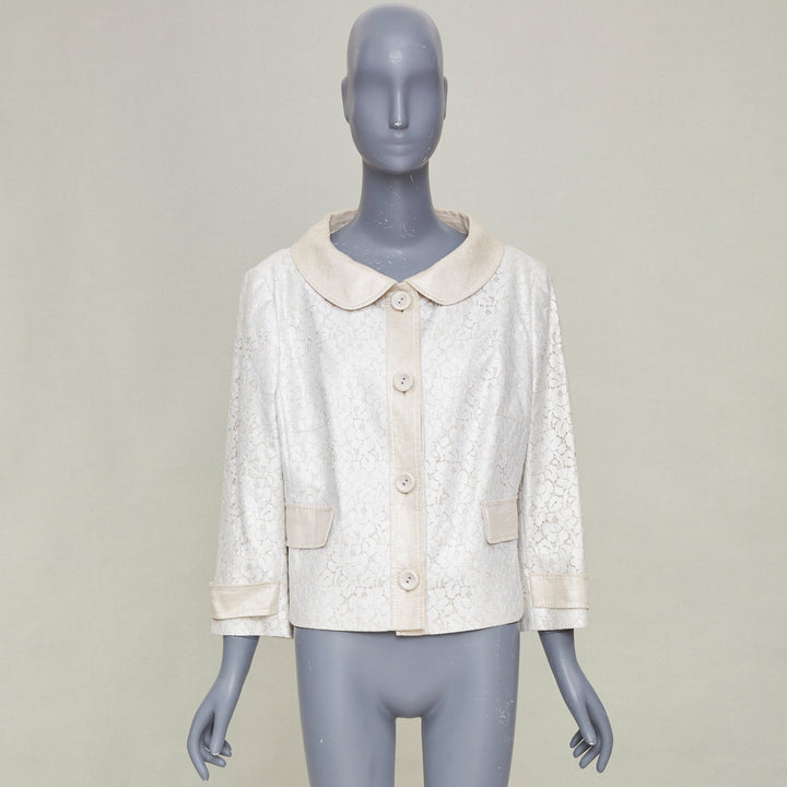 ESCADA 1990s vintage beige silver metallic lace peter pan collar jacket IT44 L