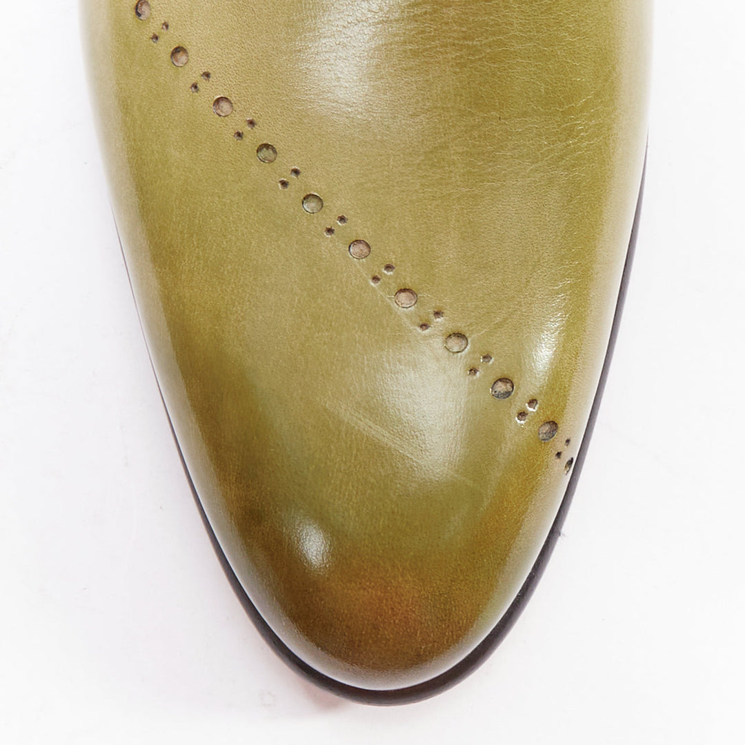 BERLUTI Cursive Galet Scritto green smooth leather script patina loafer UK8 EU42