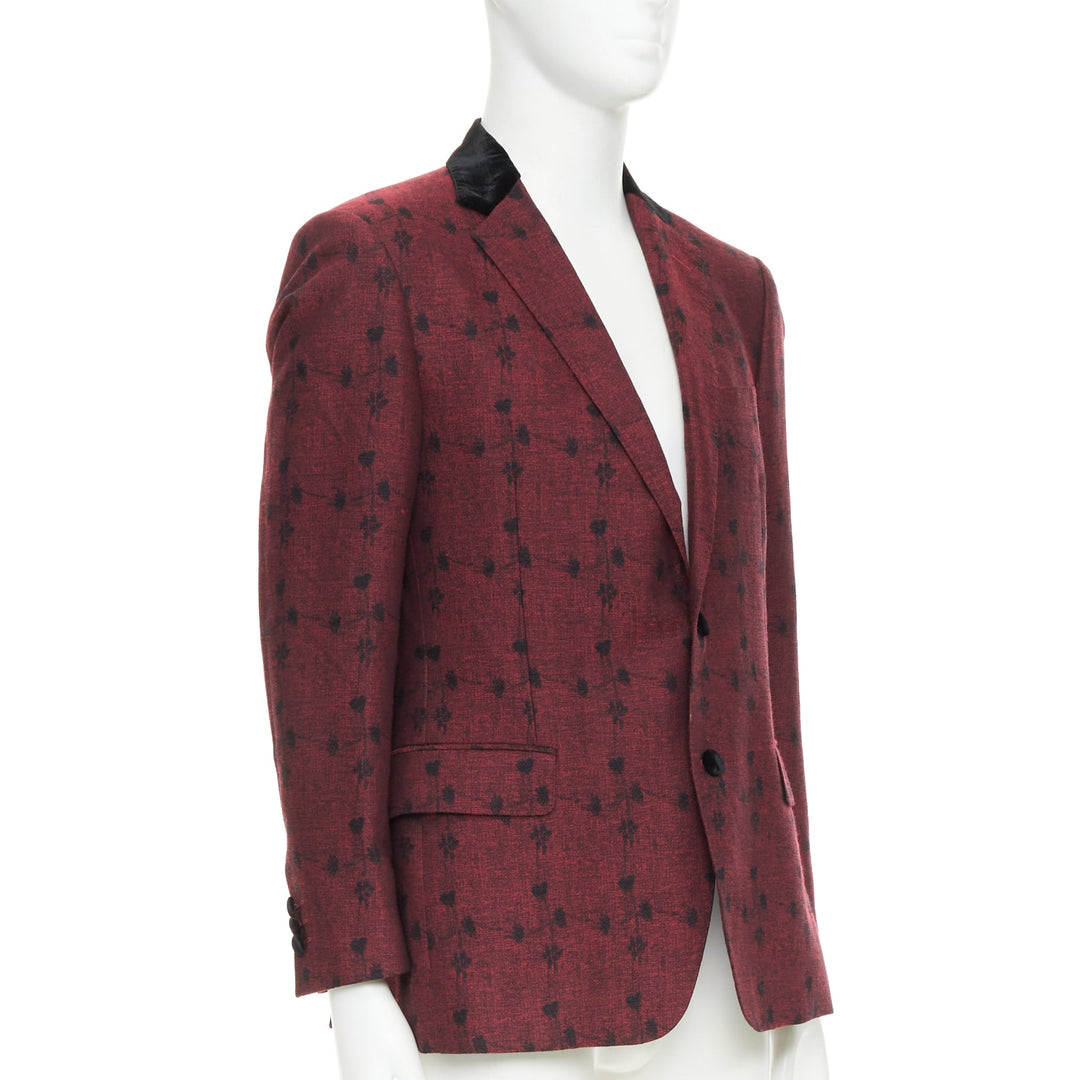 ETRO wine red velvet trim wool silk single breasted floral blazer IT52 XL