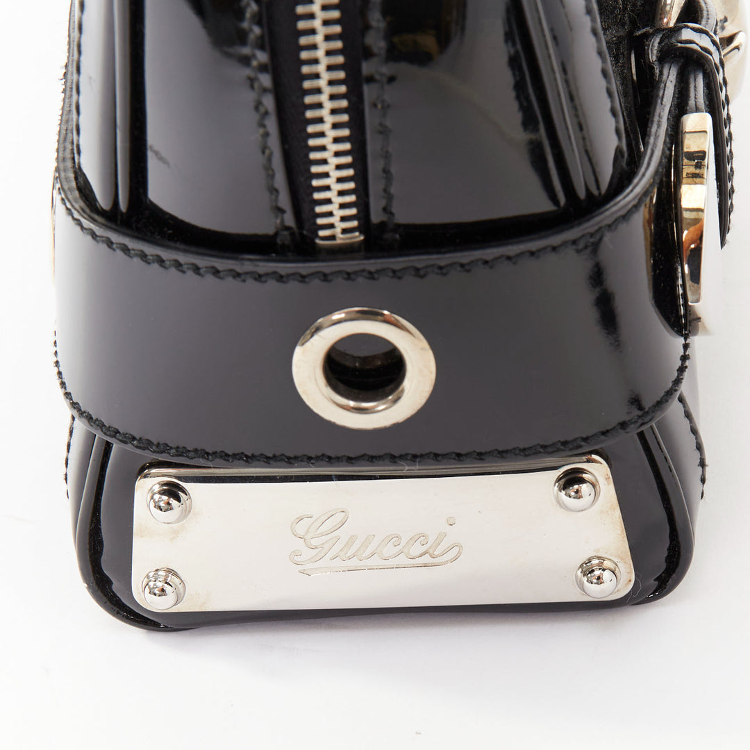 GUCCI 2004 Vintage Tom Ford black patent leather silver buckle grommet bag