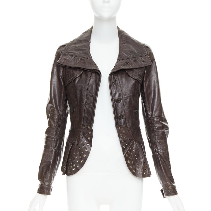 PATRIZIA PEPE brown stiff leather eyelet stud high collar biker jacket IT42 M