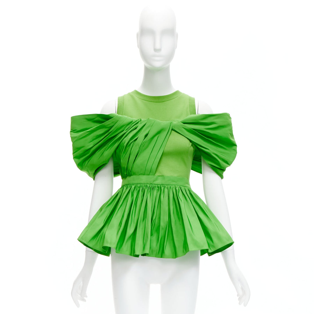 ALEXANDER MCQUEEN 2023 green cotton pleated peplum faille cold shoulder top IT38