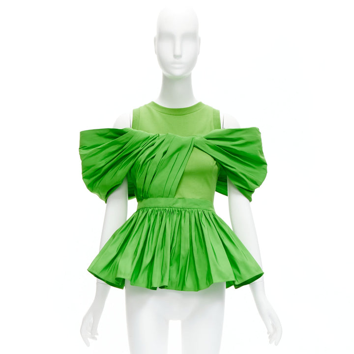 ALEXANDER MCQUEEN 2023 green cotton pleated peplum faille cold shoulder top IT38