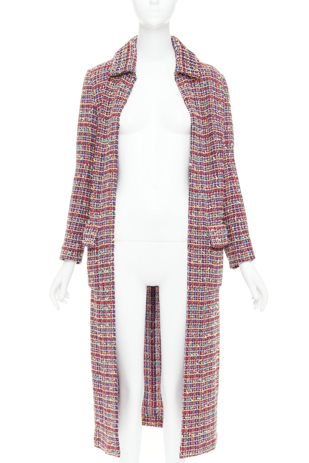 CHANEL 23A Runway multicolor wool blend tweed flap pockets long coat FR36 S