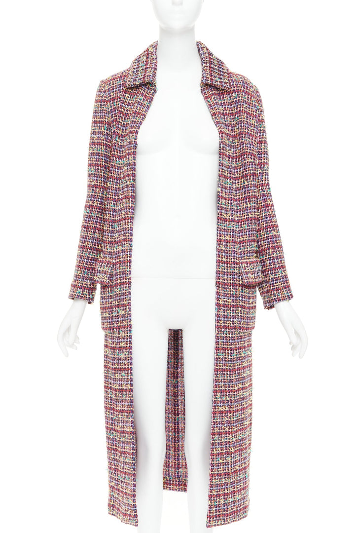 CHANEL 23A Runway multicolor wool blend tweed flap pockets long coat FR36 S