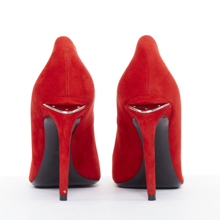 ALEXANDER WANG Tia red suede silver rhodium plate cutout heel point pumps EU37