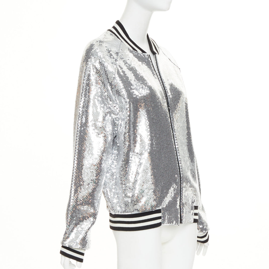 CELINE 2021 Runway silver sequin cotton black white logo teddy bomber jacket XS