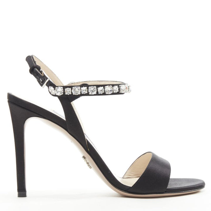 PRADA black satin crystal embellished strappy high heel sandals EU37.5