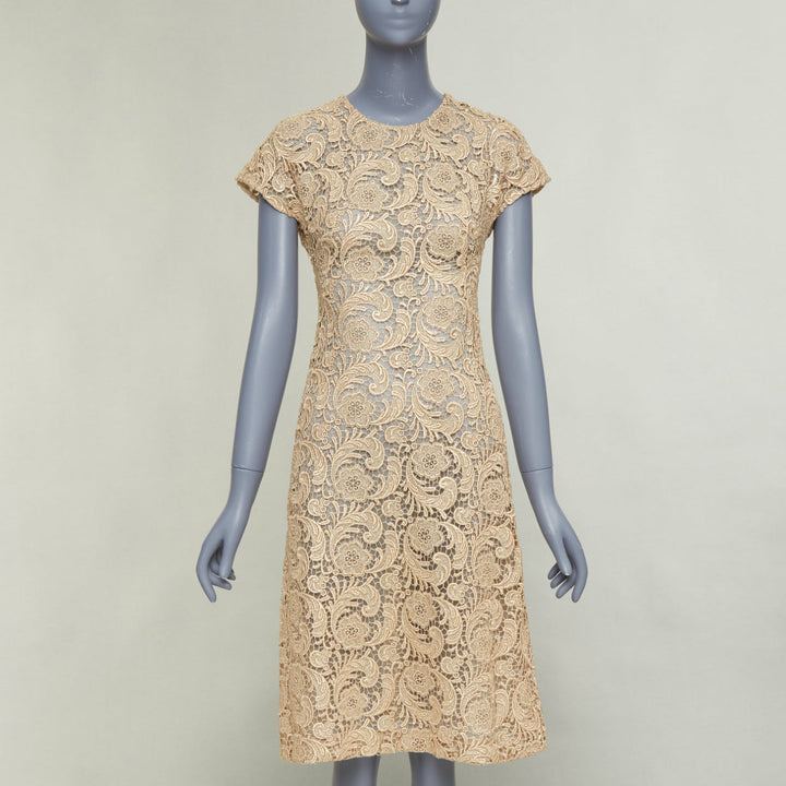 PRADA 2008 Vintage gold metallic 3D guipure lace cap sleeve dress IT38 XS