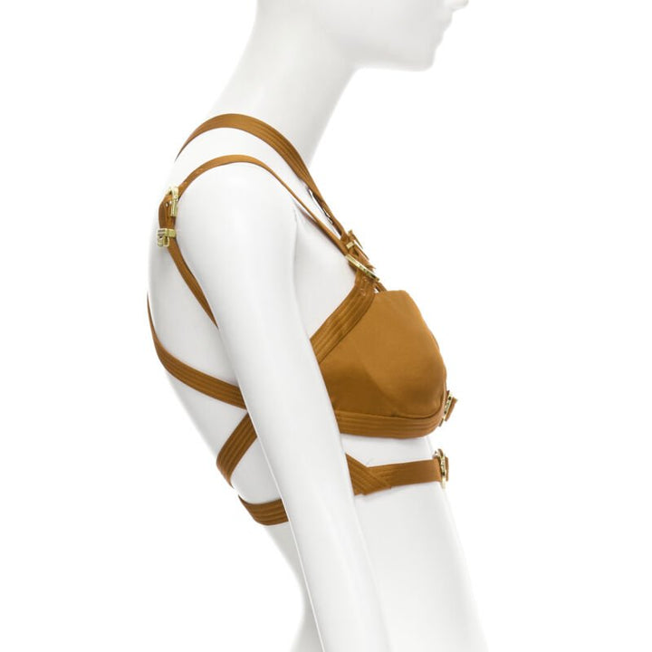 VERSACE 2019 Runway S&M Bondage Tribute brown silk gold buckle bra IT38 XS