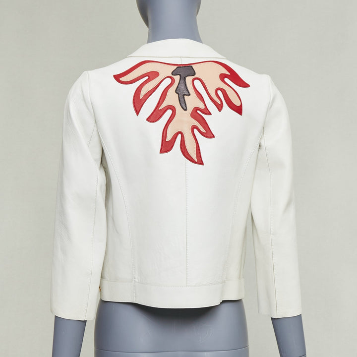 MIU MIU 2011 white lambskin leather red star patchwork crop moto jacket IT40 S