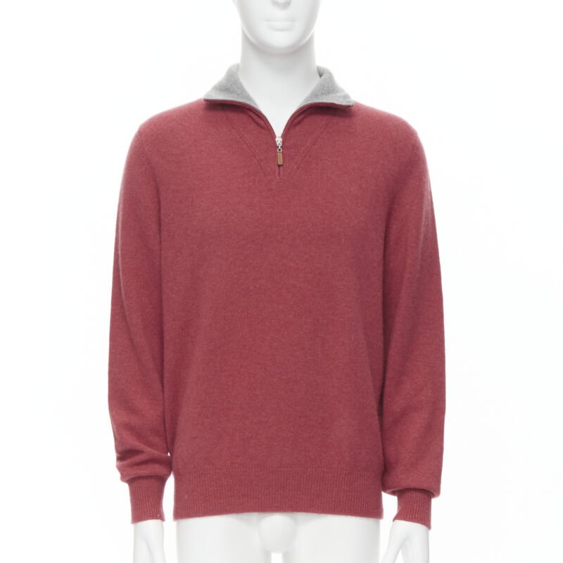 BRUNELLO CUCINELLI 100% cashmere grey collar half zip pullover sweater EU52 XL