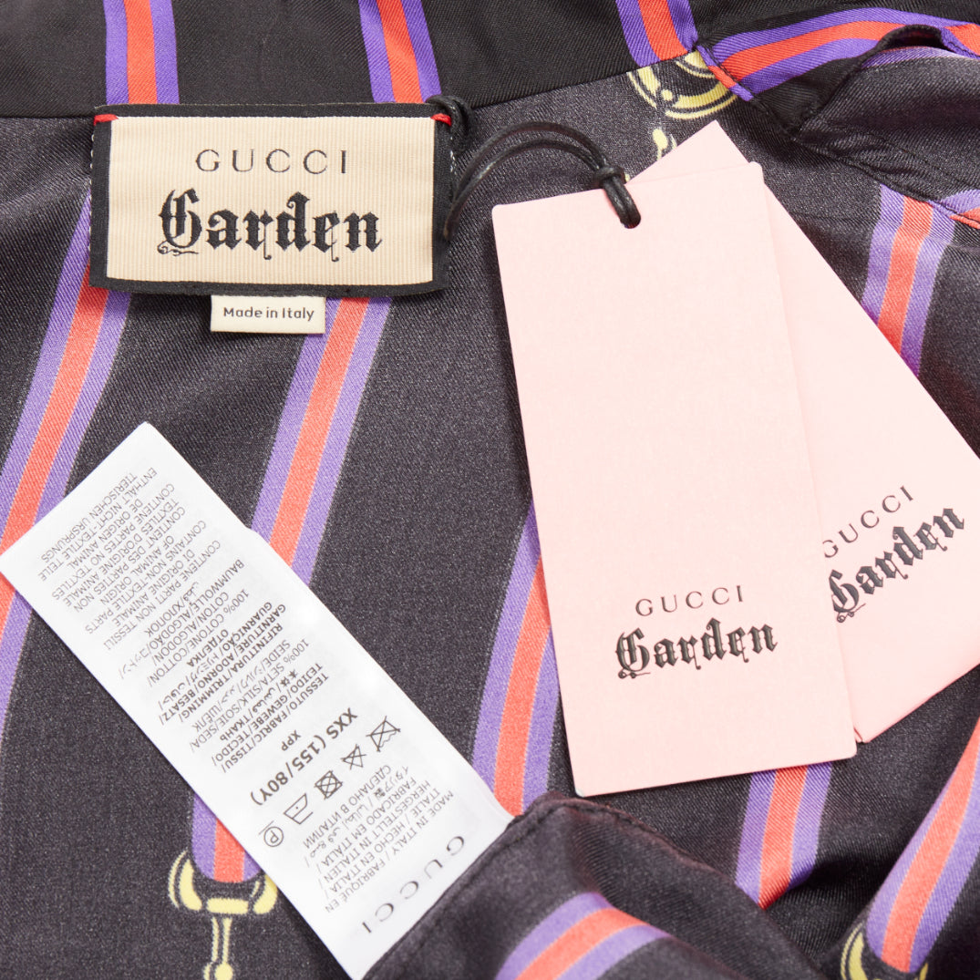 rare GUCCI GARDEN 100% silk black purple GG stripe pajama blouse shirt XXS