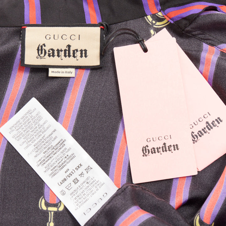 rare GUCCI GARDEN 100% silk black purple GG stripe pajama blouse shirt XXS