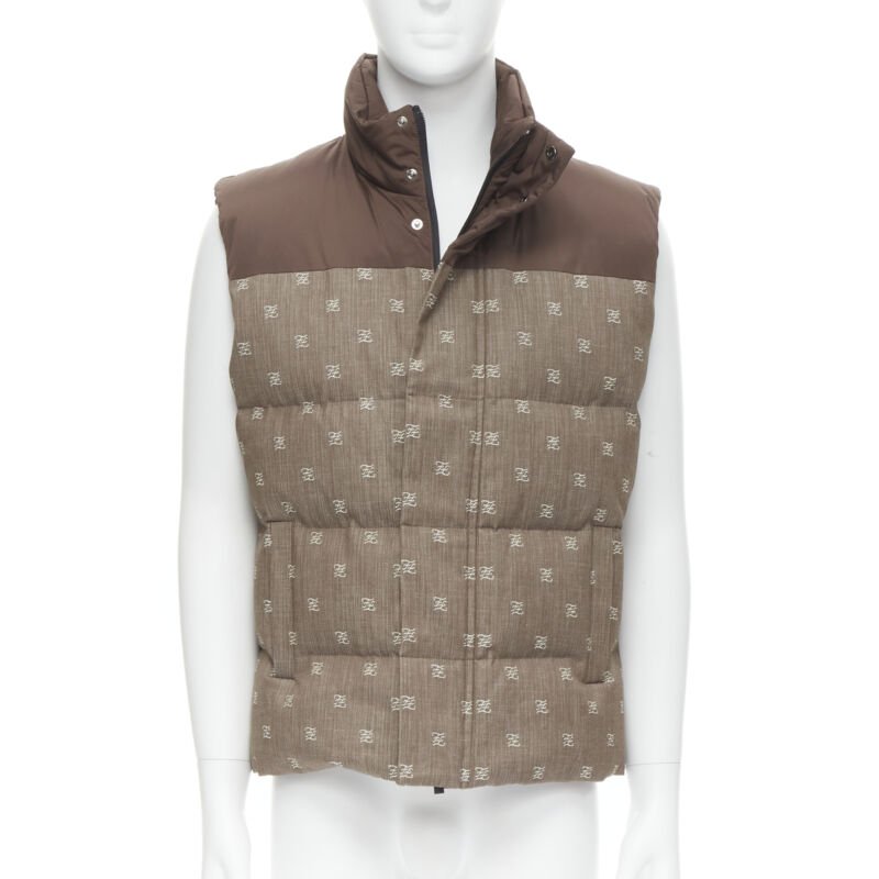 FENDI script FF Zucca monogram jacquard cotton down puffer vest jacket EU46
