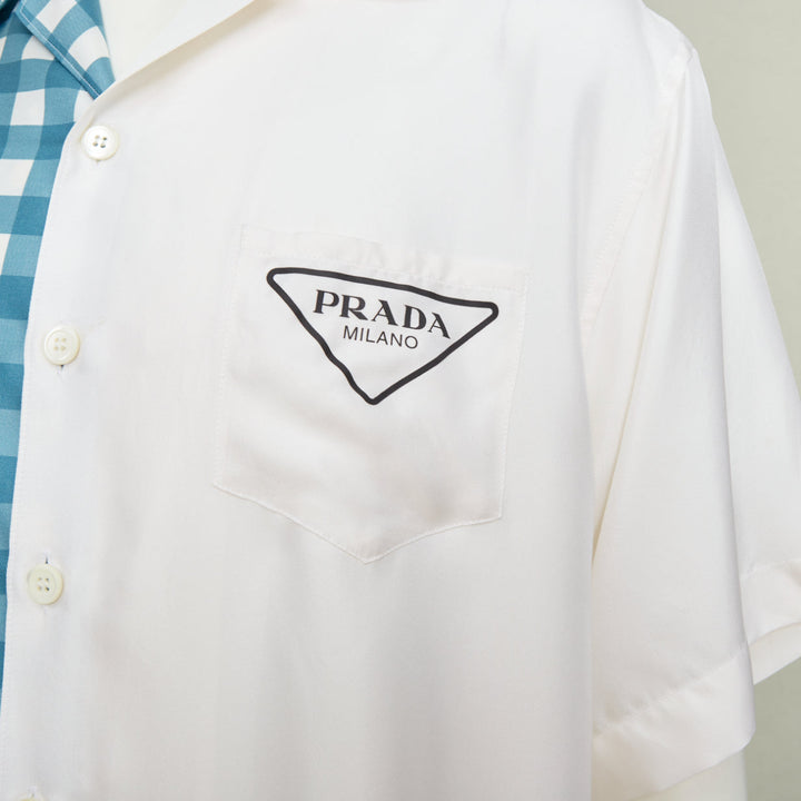 PRADA 2023 Double Match Vichy Split Gingham Check white silk bowling shirt S