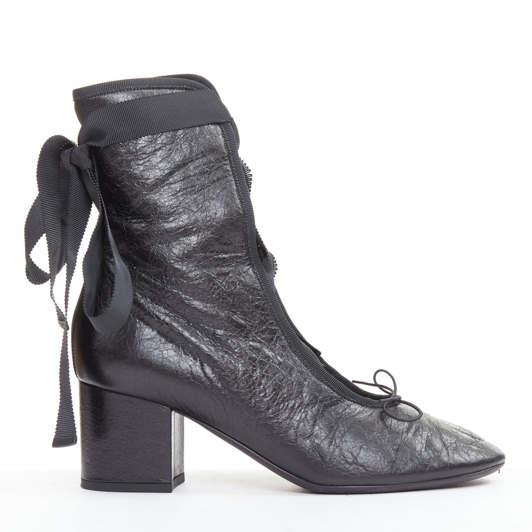 VALENTINO 2016 Runway black crinkled leather ribbon lace ballet booties EU37.5