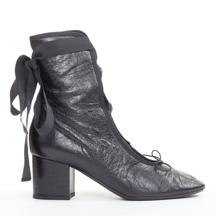 VALENTINO 2016 Runway black crinkled leather ribbon lace ballet booties EU37.5