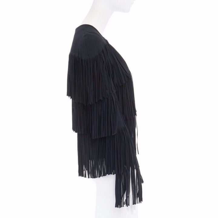 runway TOM FORD 2015 black tier fringed stretch cady open front jacket IT38 XS