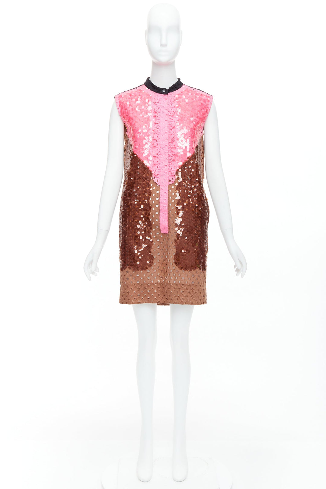 rare LOUIS VUITTON pink brown colorblock sequin embroidery anglais dress FR34 XS