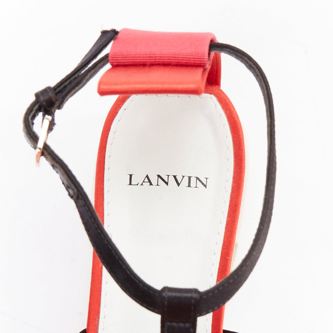 LANVIN 2018 Runway bow embellished red satin T-strap chunky sandals EU37