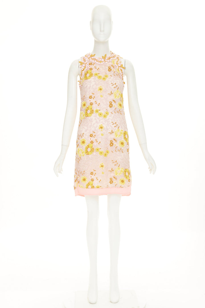 GIAMBATTISTA VALLI petal floral macrame lace pastel pink yellow dress IT38 XXS