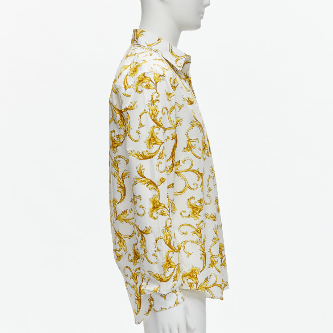 VERSACE Barocco Rococo white gold floral leaf print cotton shirt EU40 M