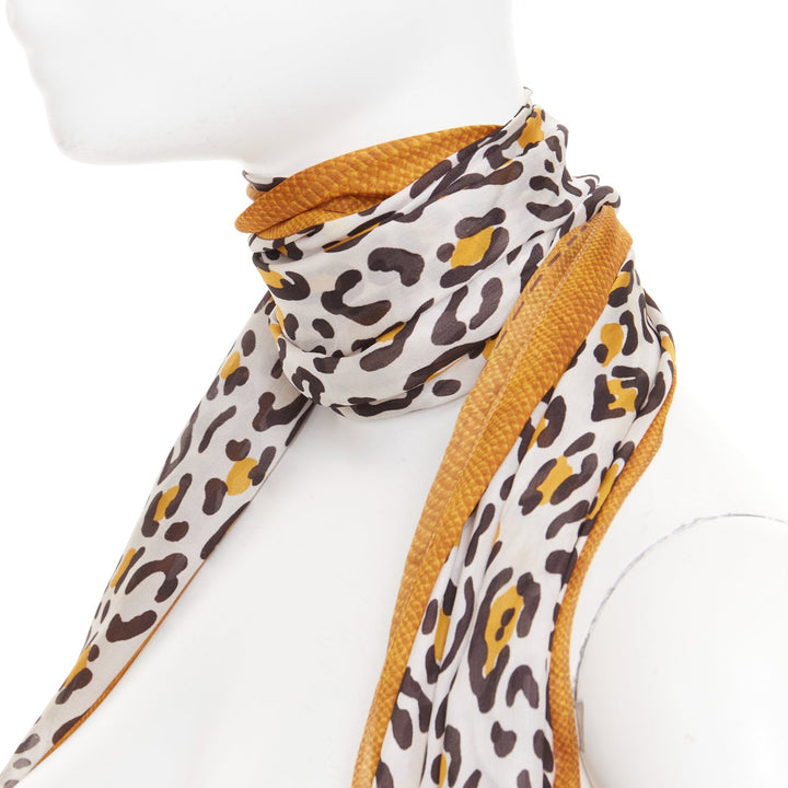 FENDI 100% silk brown leopard print logo border long rectangular scarf