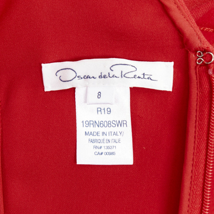 OSCAR DE LA RENTA R19 red wool silk cap sleeve belted sheath dress US8 L