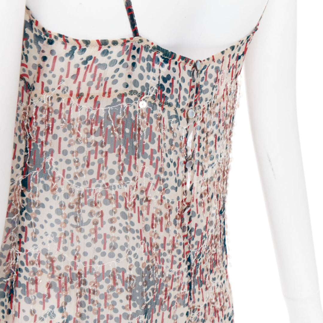 CHANEL 02A beige red sequin fringe applique sheer camisole FR38 M