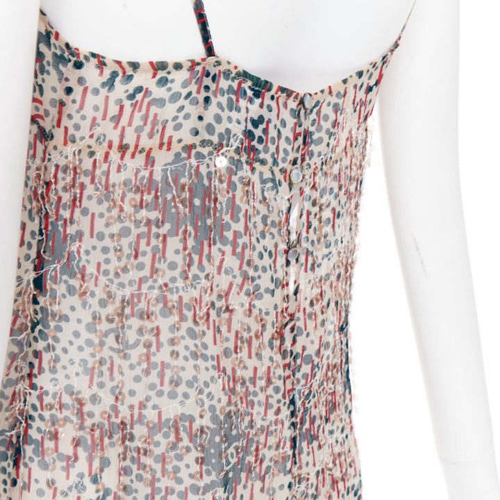 CHANEL 02A beige red sequin fringe applique sheer camisole FR38 M