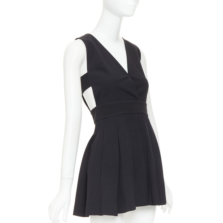 FAUSTO PUGLISI black crepe multi pleated cut out V neck mini dress IT38 XS